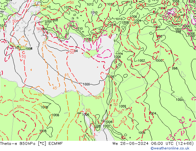 Theta-e 850hPa ECMWF mer 26.06.2024 06 UTC