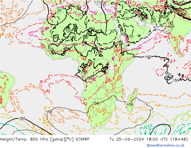 Z500/Rain (+SLP)/Z850 ECMWF Út 25.06.2024 18 UTC
