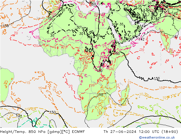 Height/Temp. 850 hPa ECMWF Th 27.06.2024 12 UTC