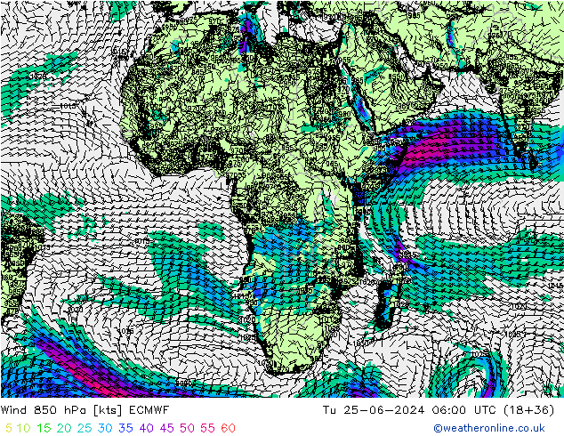 Wind 850 hPa ECMWF Tu 25.06.2024 06 UTC