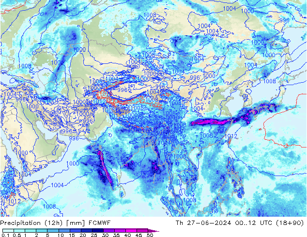 Precipitation (12h) ECMWF Čt 27.06.2024 12 UTC