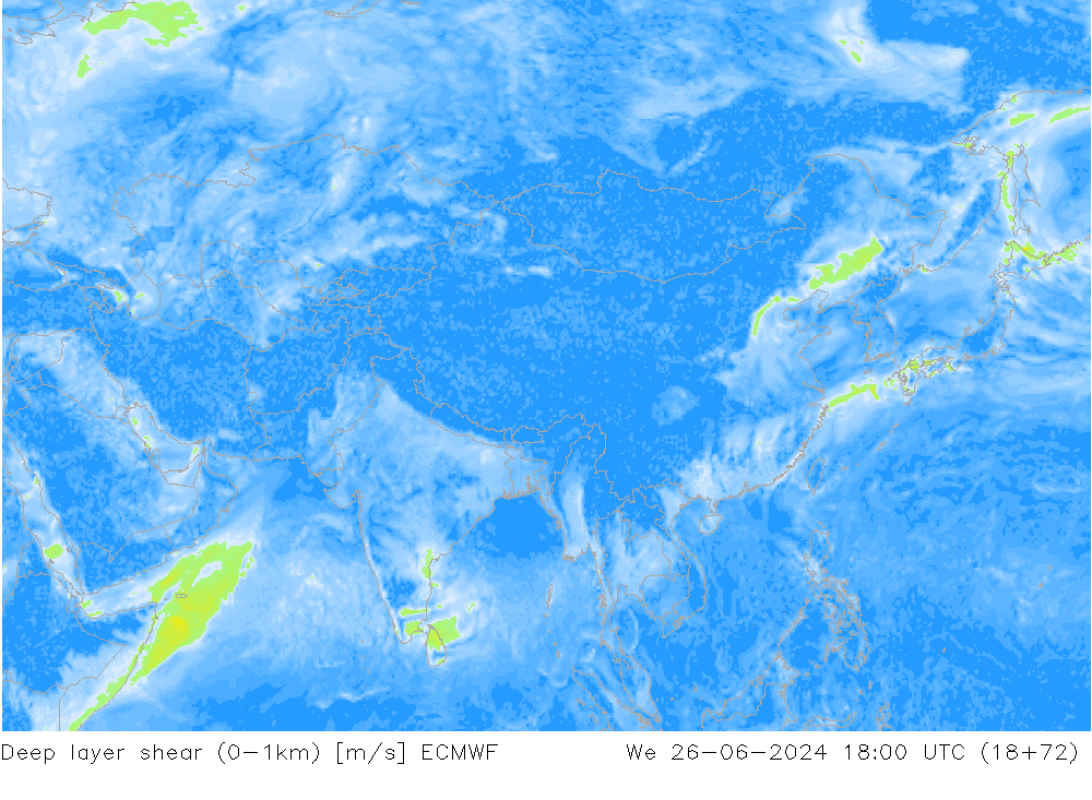 Deep layer shear (0-1km) ECMWF We 26.06.2024 18 UTC