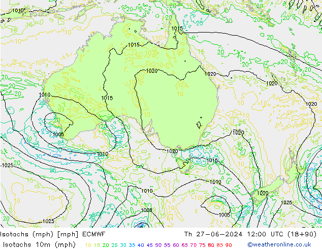 Isotachs (mph) ECMWF Th 27.06.2024 12 UTC