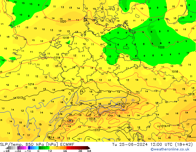 SLP/Temp. 850 hPa ECMWF  25.06.2024 12 UTC