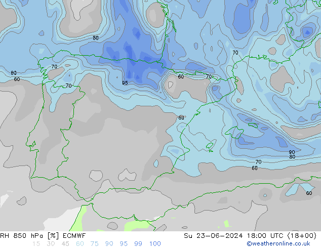 RH 850 hPa ECMWF dom 23.06.2024 18 UTC