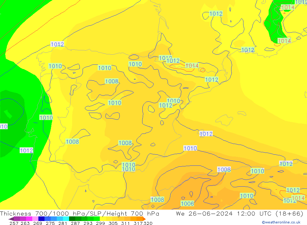 Thck 700-1000 hPa ECMWF We 26.06.2024 12 UTC