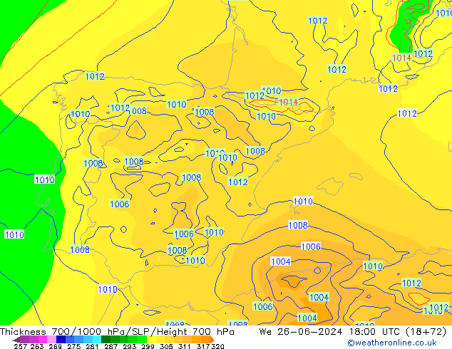 Thck 700-1000 hPa ECMWF We 26.06.2024 18 UTC