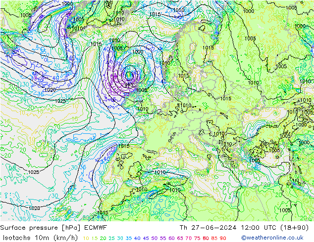 Isotachs (kph) ECMWF Th 27.06.2024 12 UTC