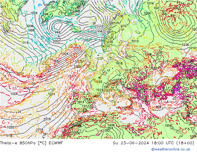 Theta-e 850hPa ECMWF 星期日 23.06.2024 18 UTC