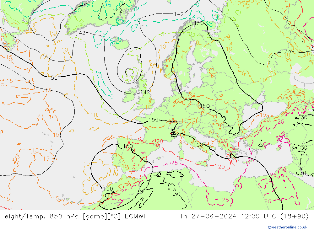 Yükseklik/Sıc. 850 hPa ECMWF Per 27.06.2024 12 UTC