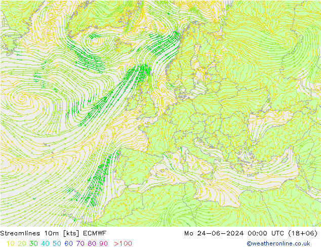 Streamlines 10m ECMWF Po 24.06.2024 00 UTC