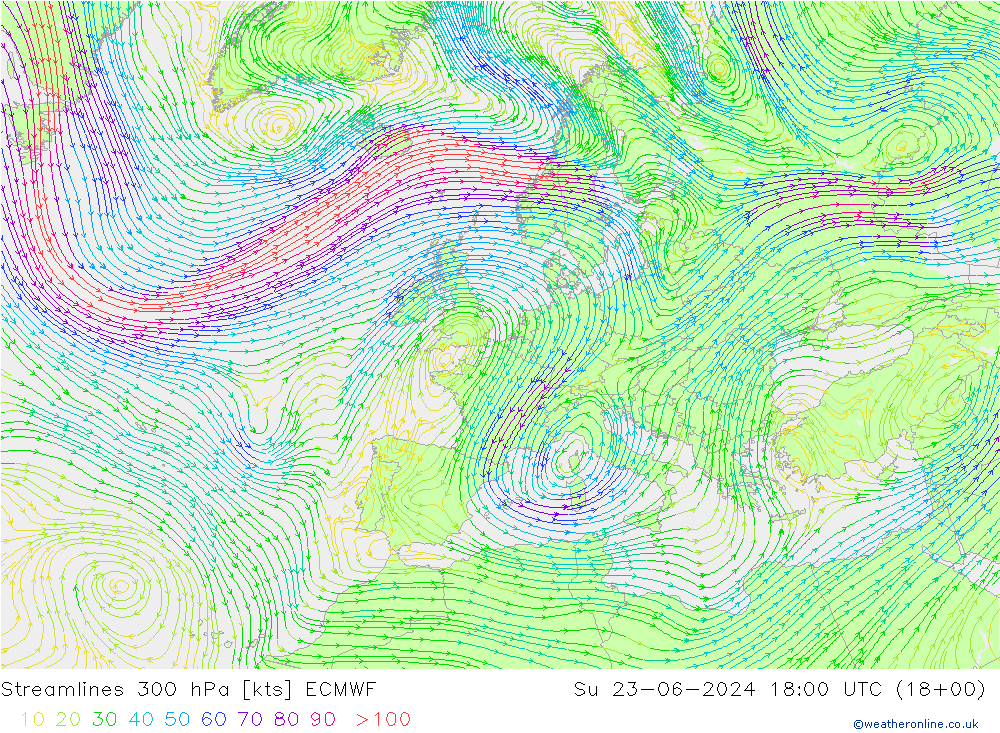 Streamlines 300 hPa ECMWF Su 23.06.2024 18 UTC