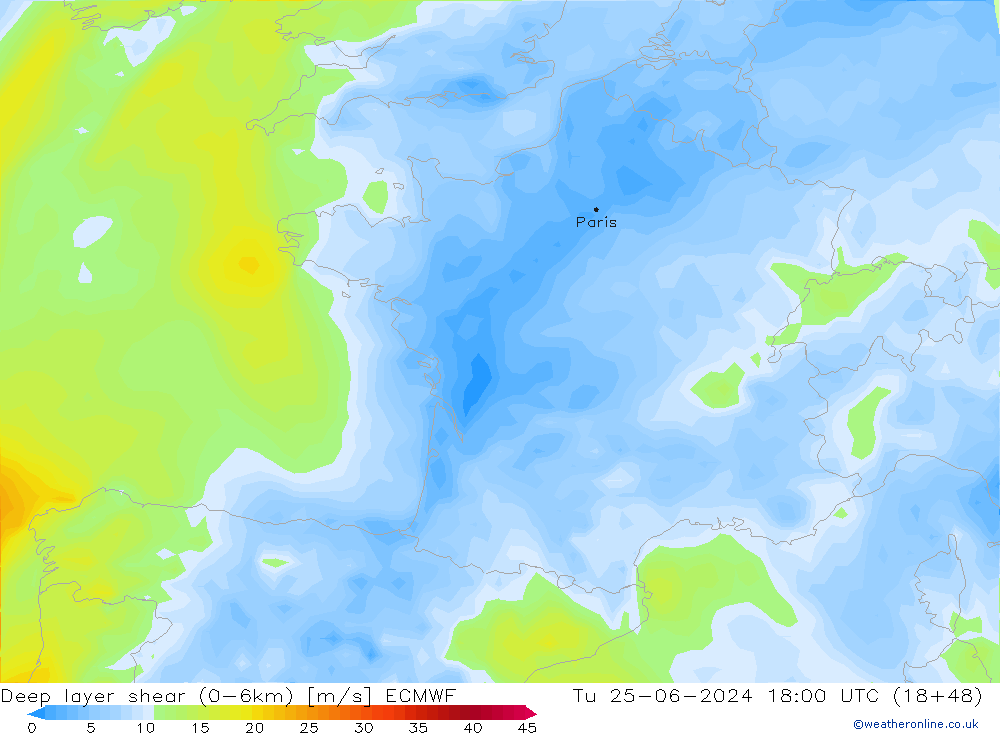 Deep layer shear (0-6km) ECMWF  25.06.2024 18 UTC