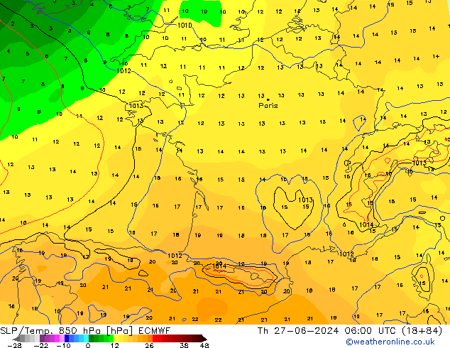 SLP/Temp. 850 hPa ECMWF Čt 27.06.2024 06 UTC