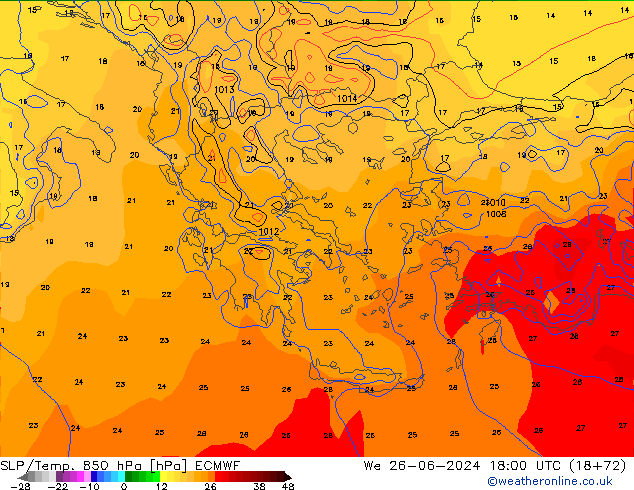 SLP/Temp. 850 hPa ECMWF We 26.06.2024 18 UTC