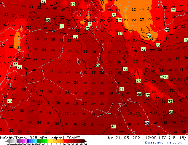 Height/Temp. 925 hPa ECMWF Seg 24.06.2024 12 UTC