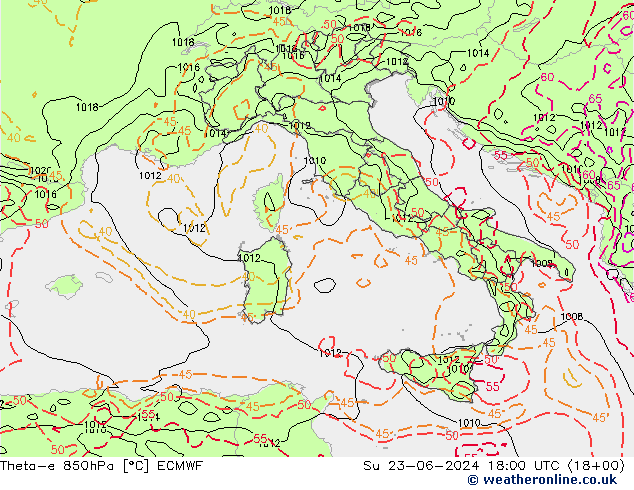 Theta-e 850hPa ECMWF nie. 23.06.2024 18 UTC