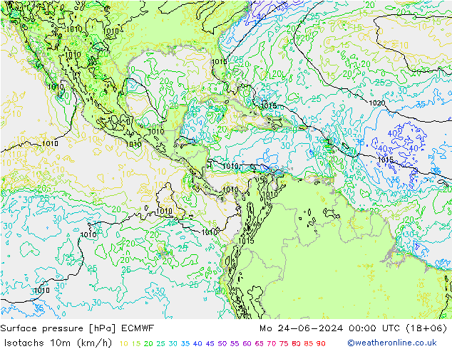 Isotachs (kph) ECMWF Mo 24.06.2024 00 UTC