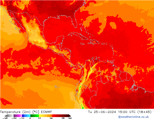 mapa temperatury (2m) ECMWF wto. 25.06.2024 15 UTC