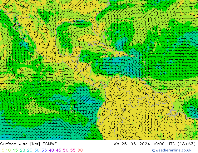 Viento 10 m ECMWF mié 26.06.2024 09 UTC