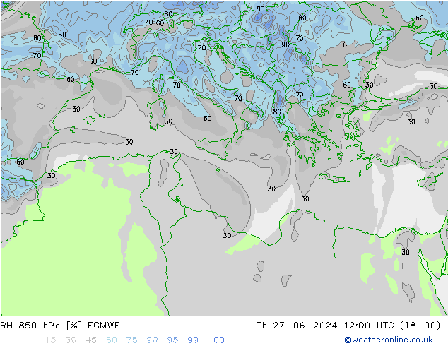 RH 850 hPa ECMWF czw. 27.06.2024 12 UTC