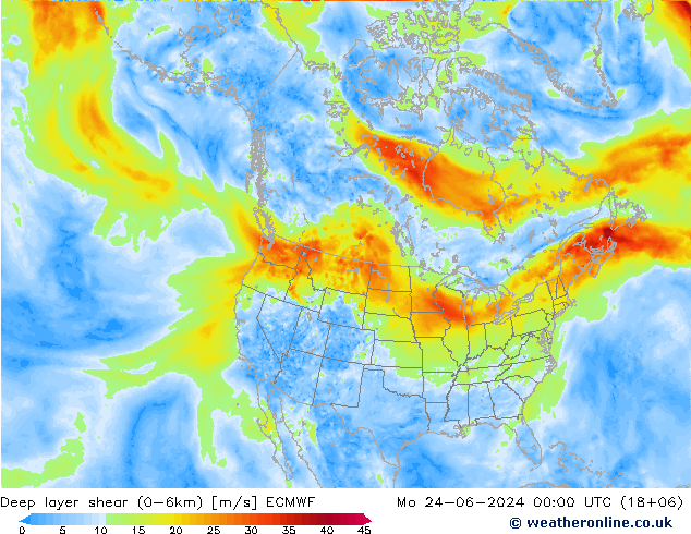 Deep layer shear (0-6km) ECMWF пн 24.06.2024 00 UTC