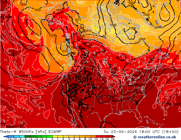 Theta-W 850hPa ECMWF zo 23.06.2024 18 UTC