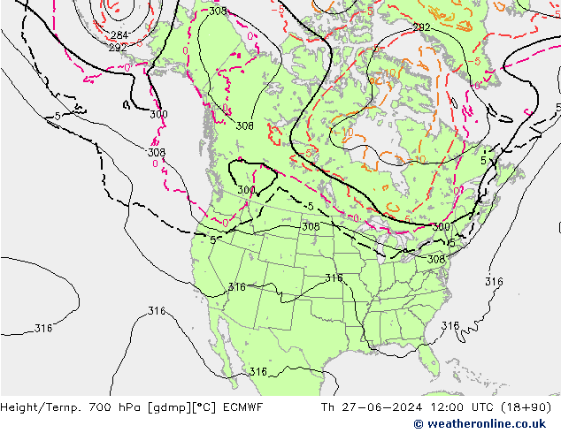 Height/Temp. 700 hPa ECMWF Qui 27.06.2024 12 UTC