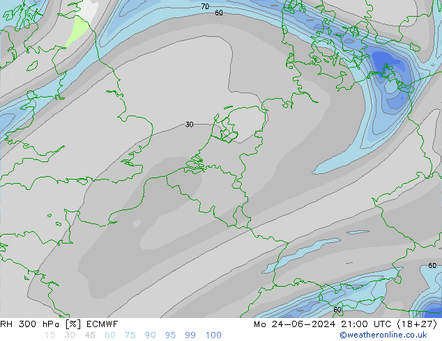 RH 300 hPa ECMWF Mo 24.06.2024 21 UTC