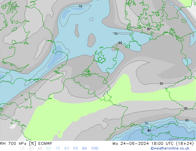 Humidité rel. 700 hPa ECMWF lun 24.06.2024 18 UTC