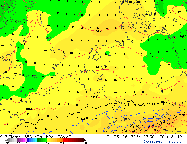 SLP/Temp. 850 hPa ECMWF mar 25.06.2024 12 UTC