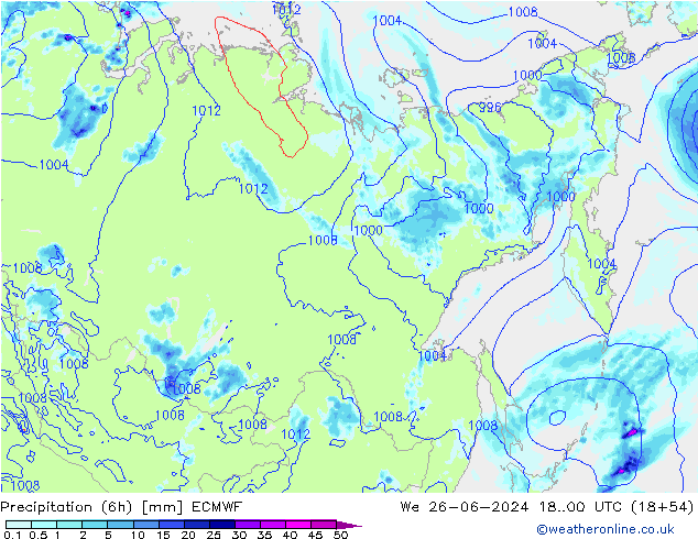 Precipitation (6h) ECMWF We 26.06.2024 00 UTC