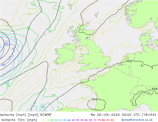 Isotachs (mph) ECMWF mer 26.06.2024 00 UTC