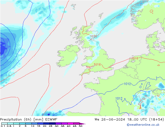 Precipitation (6h) ECMWF We 26.06.2024 00 UTC