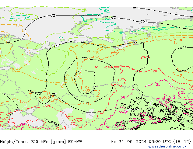 Height/Temp. 925 hPa ECMWF pon. 24.06.2024 06 UTC