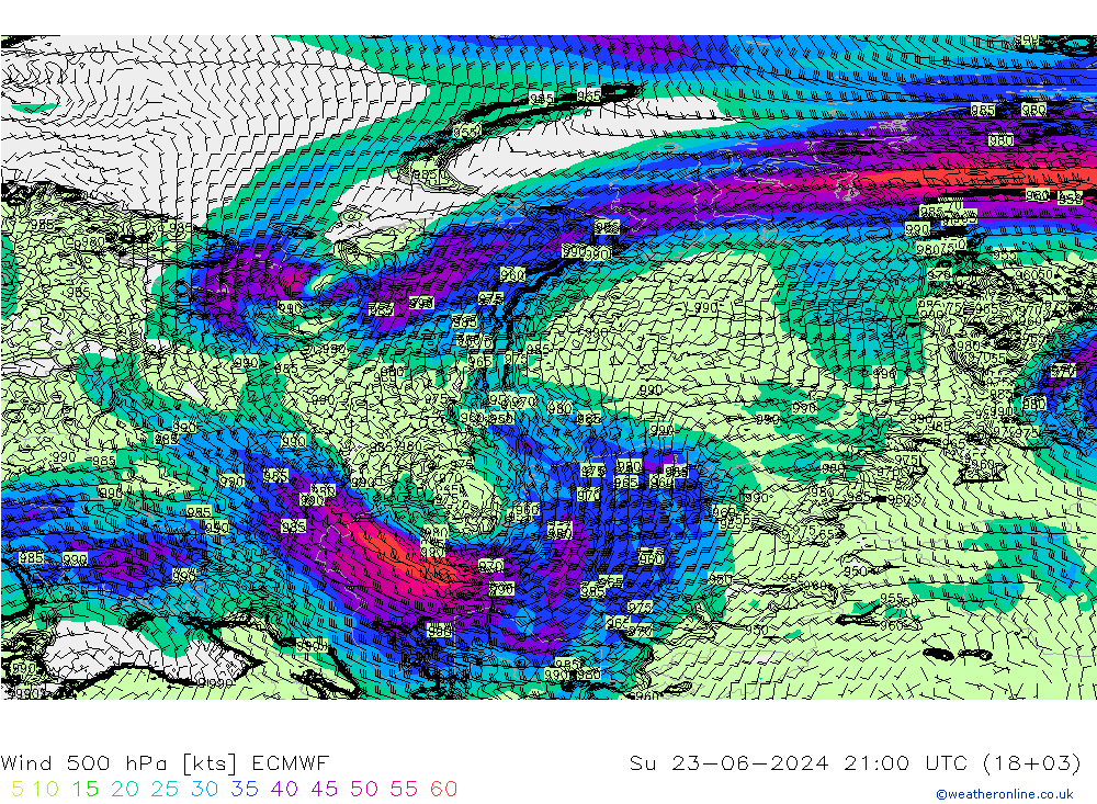 Wind 500 hPa ECMWF zo 23.06.2024 21 UTC