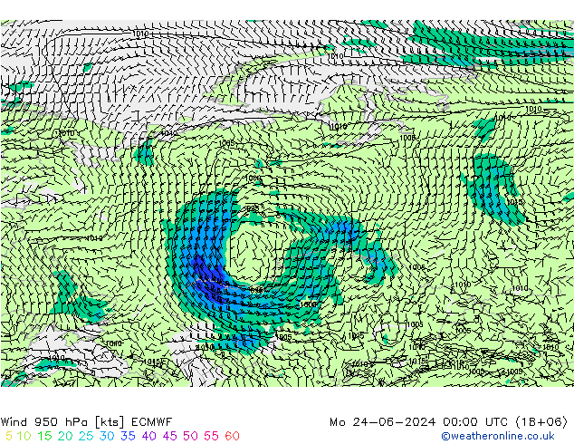 Prec 6h/Wind 10m/950 ECMWF lun 24.06.2024 00 UTC