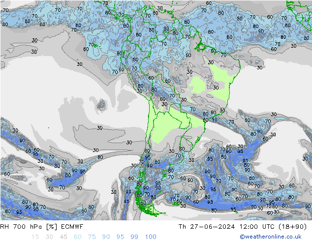 RH 700 hPa ECMWF Čt 27.06.2024 12 UTC