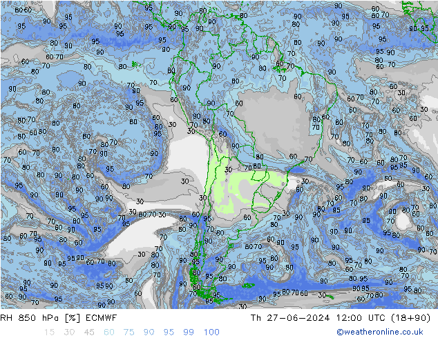 RH 850 hPa ECMWF czw. 27.06.2024 12 UTC