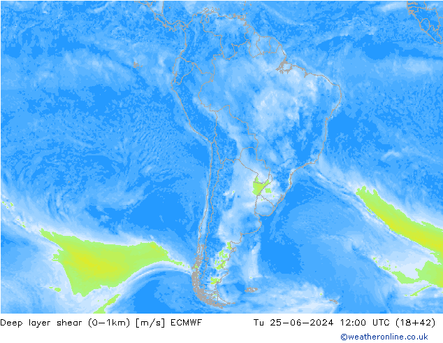 Deep layer shear (0-1km) ECMWF wto. 25.06.2024 12 UTC