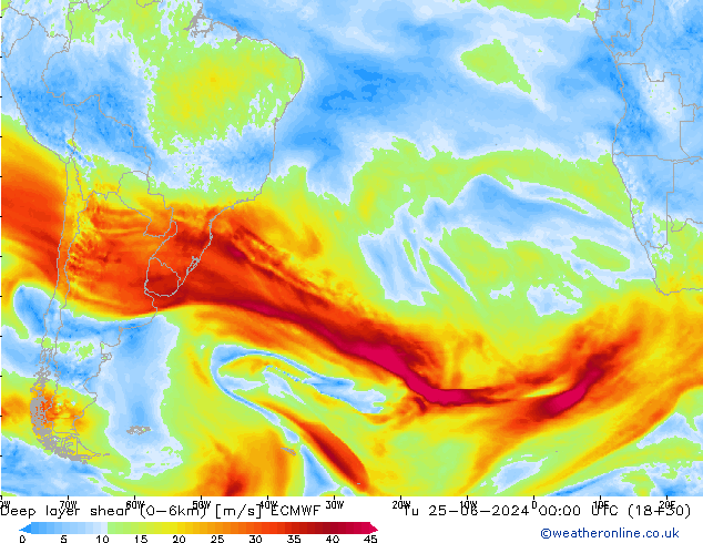 Deep layer shear (0-6km) ECMWF di 25.06.2024 00 UTC