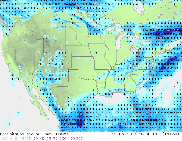 Precipitation accum. ECMWF Tu 25.06.2024 00 UTC