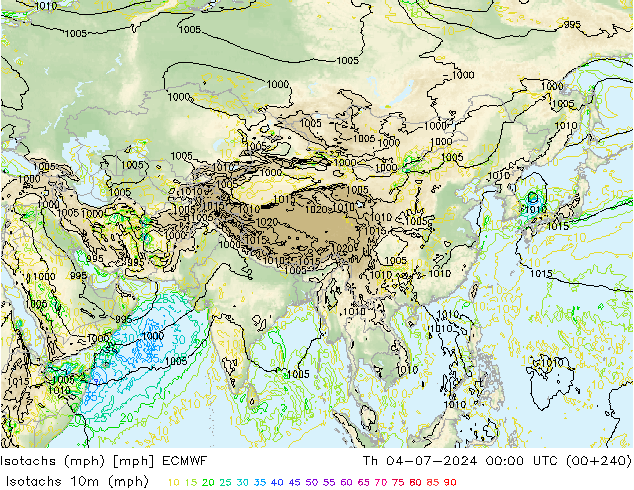 Isotachs (mph) ECMWF gio 04.07.2024 00 UTC