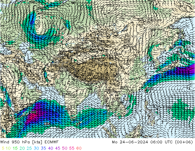 Prec 6h/Wind 10m/950 ECMWF lun 24.06.2024 06 UTC