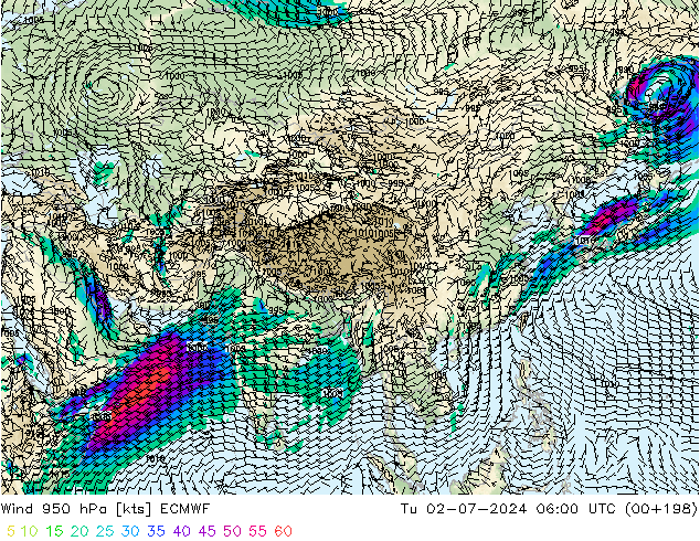 ветер 950 гПа ECMWF вт 02.07.2024 06 UTC