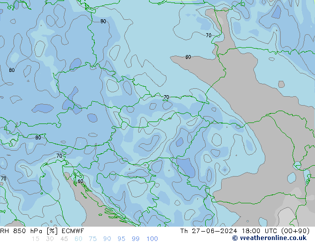 RH 850 hPa ECMWF czw. 27.06.2024 18 UTC