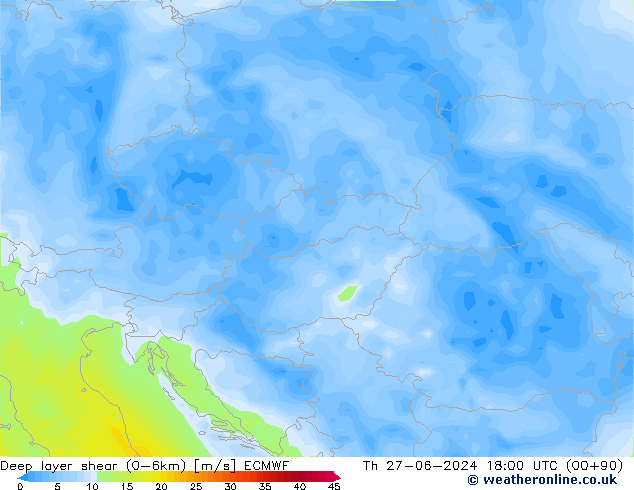 Deep layer shear (0-6km) ECMWF czw. 27.06.2024 18 UTC