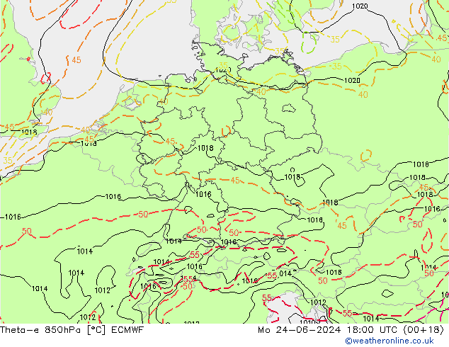 Theta-e 850hPa ECMWF lun 24.06.2024 18 UTC