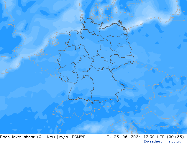 Deep layer shear (0-1km) ECMWF Út 25.06.2024 12 UTC