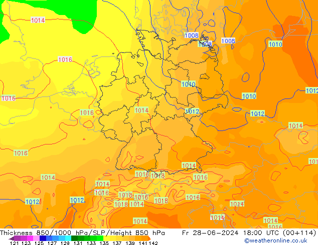 Dikte 850-1000 hPa ECMWF vr 28.06.2024 18 UTC